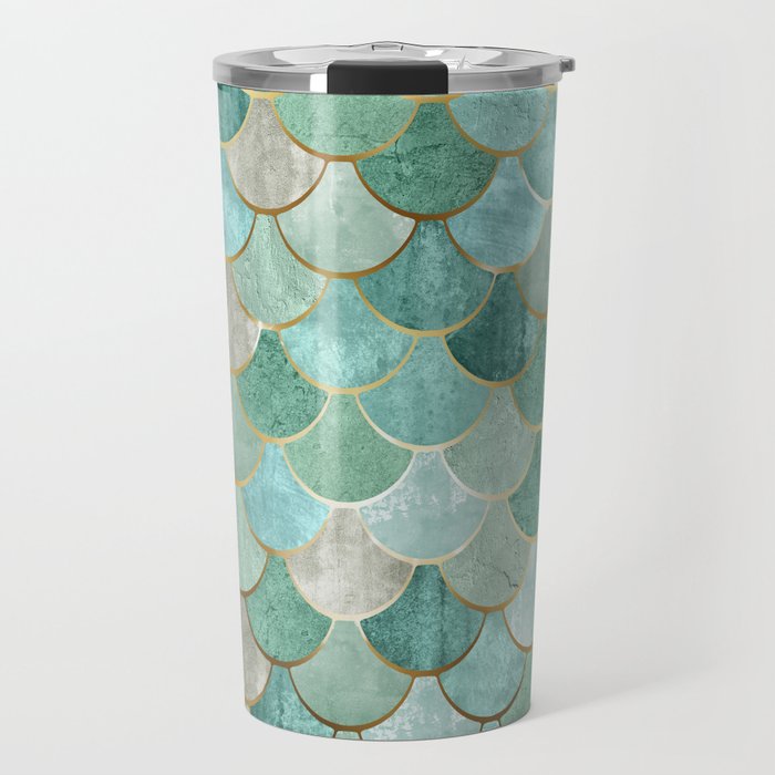 Moroccan Mermaid Fish Scale Pattern, Green and Gold Travel Mug Gallery Image 1