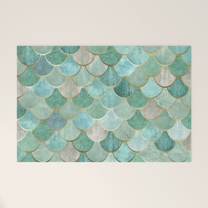 Moroccan Mermaid Fish Scale Pattern, Green and Gold Welcome Mat Gallery Image 1