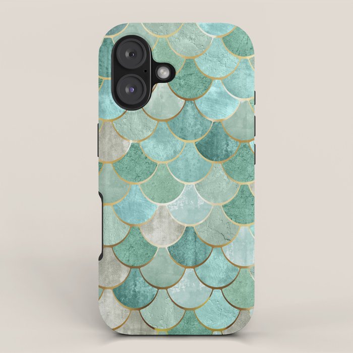 Moroccan Mermaid Fish Scale Pattern, Green and Gold iPhone Case Gallery Image 1