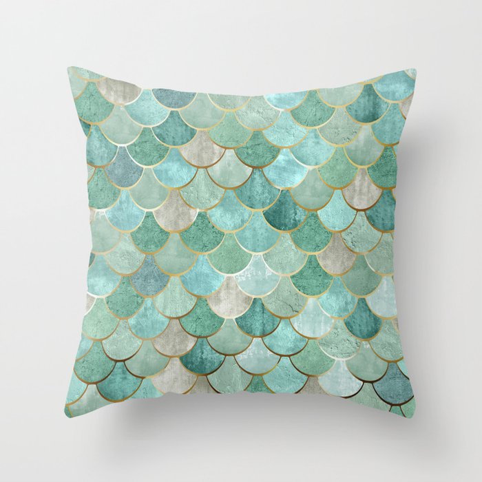 Moroccan Mermaid Fish Scale Pattern, Green and Gold Throw Pillow Gallery Image 1