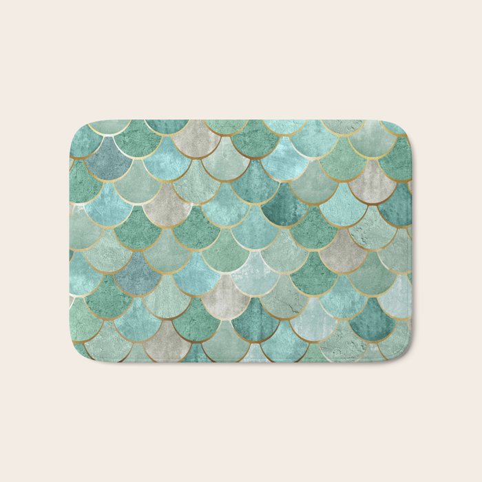 Moroccan Mermaid Fish Scale Pattern, Green and Gold Bath Mat Gallery Image 1