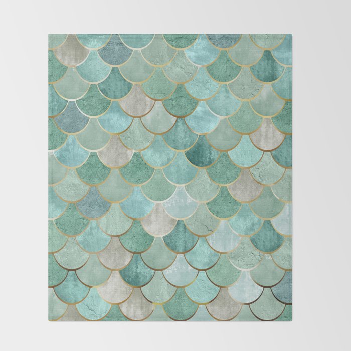 Moroccan Mermaid Fish Scale Pattern, Green and Gold Throw Blanket Gallery Image 2
