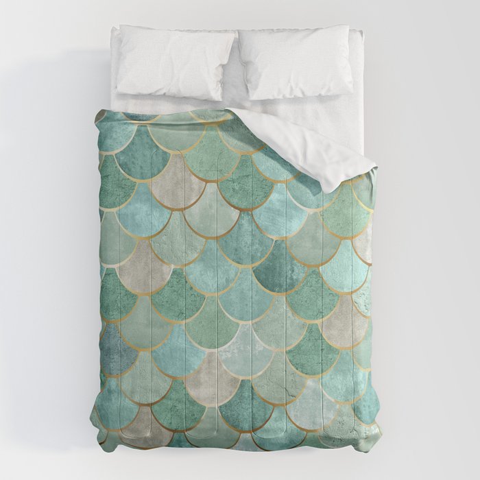 Moroccan Mermaid Fish Scale Pattern, Green and Gold Comforter Gallery Image 6