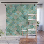 Moroccan Mermaid Fish Scale Pattern, Green and Gold Wall Mural Gallery Image 1