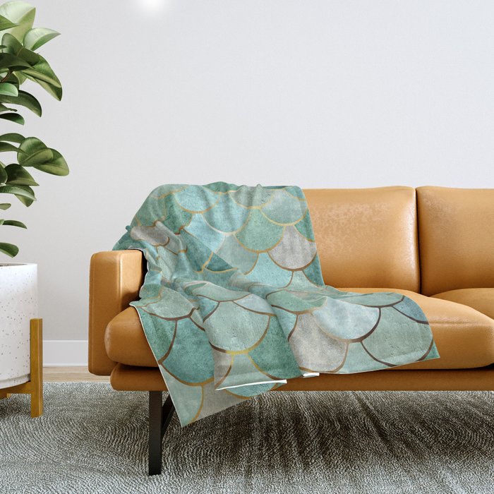 Moroccan Mermaid Fish Scale Pattern, Green and Gold Throw Blanket Gallery Image 1