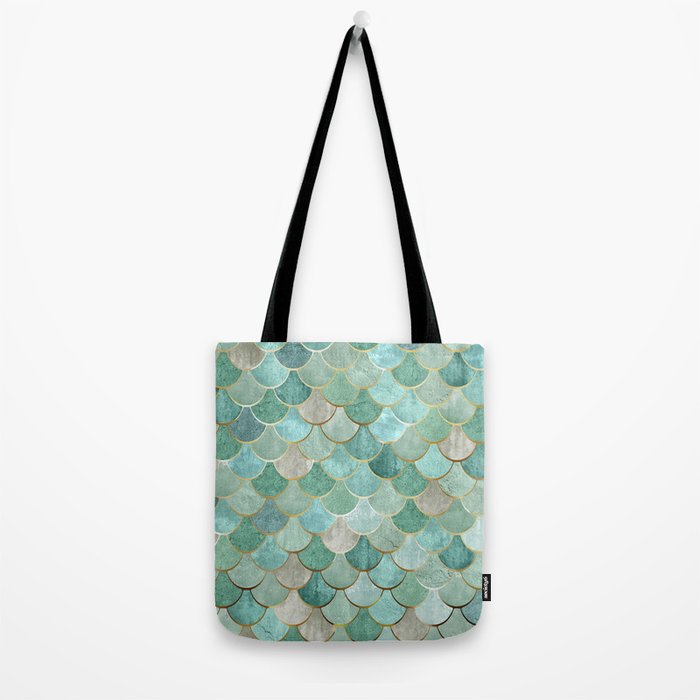 Moroccan Mermaid Fish Scale Pattern, Green and Gold Tote Bag Gallery Image 2