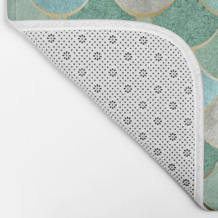 Moroccan Mermaid Fish Scale Pattern, Green and Gold Bath Mat Gallery Image 2