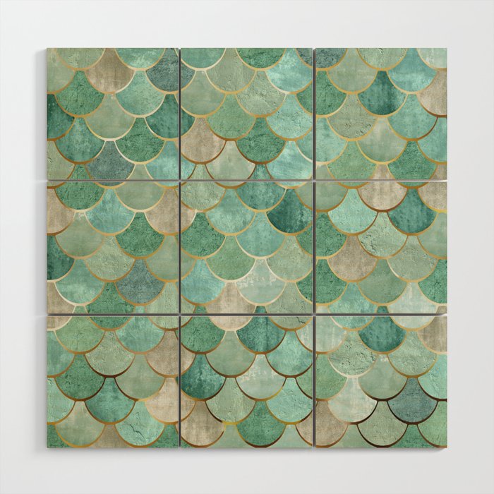 Moroccan Mermaid Fish Scale Pattern, Green and Gold Wood Wall Art Gallery Image 1