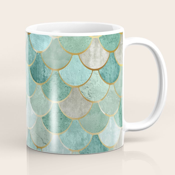Moroccan Mermaid Fish Scale Pattern, Green and Gold Coffee Mug Gallery Image 1