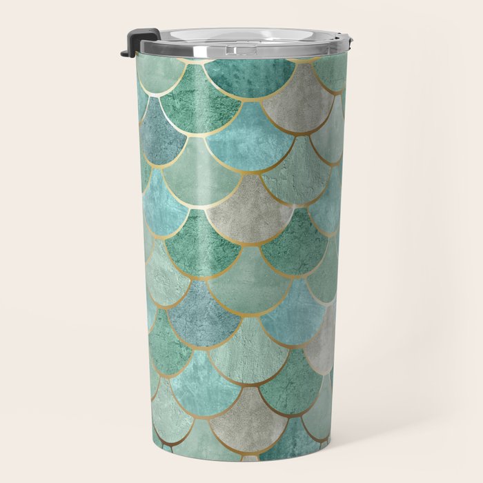 Moroccan Mermaid Fish Scale Pattern, Green and Gold Travel Mug Gallery Image 3