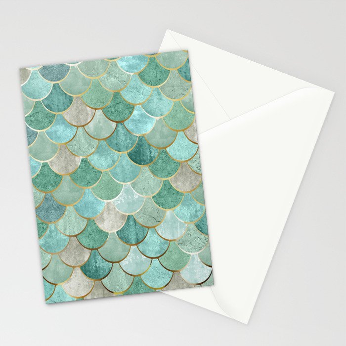 Moroccan Mermaid Fish Scale Pattern, Green and Gold Stationery Card Gallery Image 2
