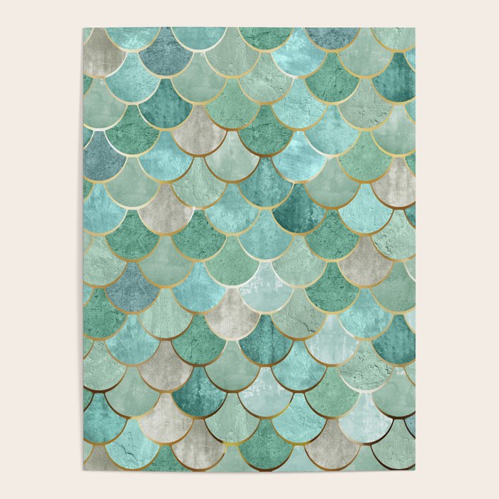 Moroccan Mermaid Fish Scale Pattern, Green and Gold Poster Gallery Image 4