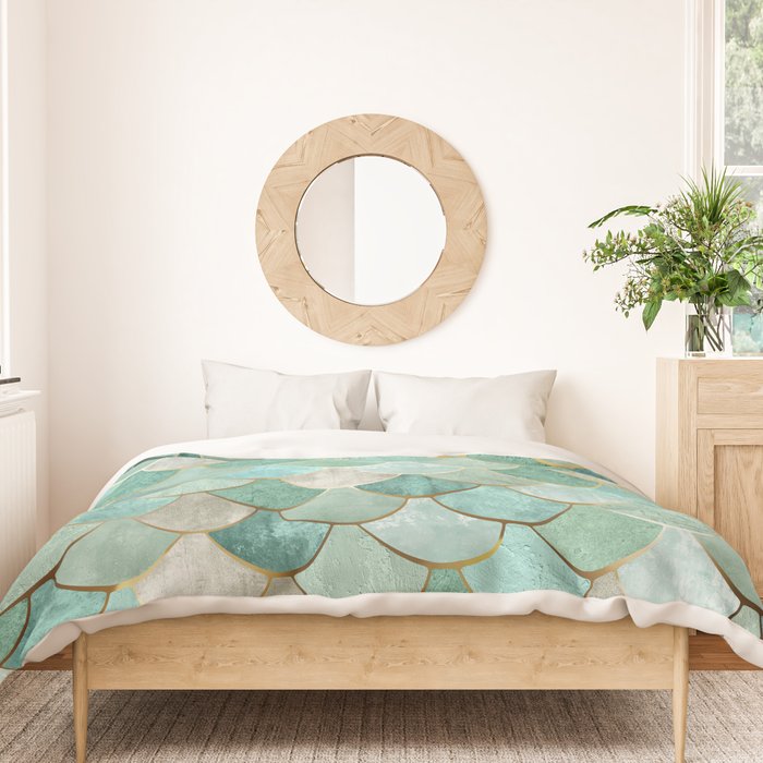 Moroccan Mermaid Fish Scale Pattern, Green and Gold Duvet Cover Gallery Image 3