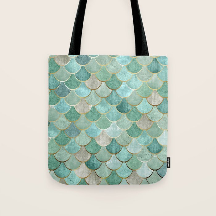 Moroccan Mermaid Fish Scale Pattern, Green and Gold Tote Bag Gallery Image 1