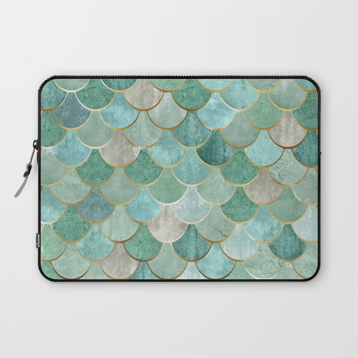 Moroccan Mermaid Fish Scale Pattern, Green and Gold Laptop Sleeve Gallery Image 1