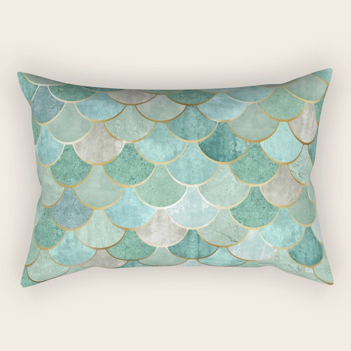 Moroccan Mermaid Fish Scale Pattern, Green and Gold Rectangular Pillow Gallery Image 1