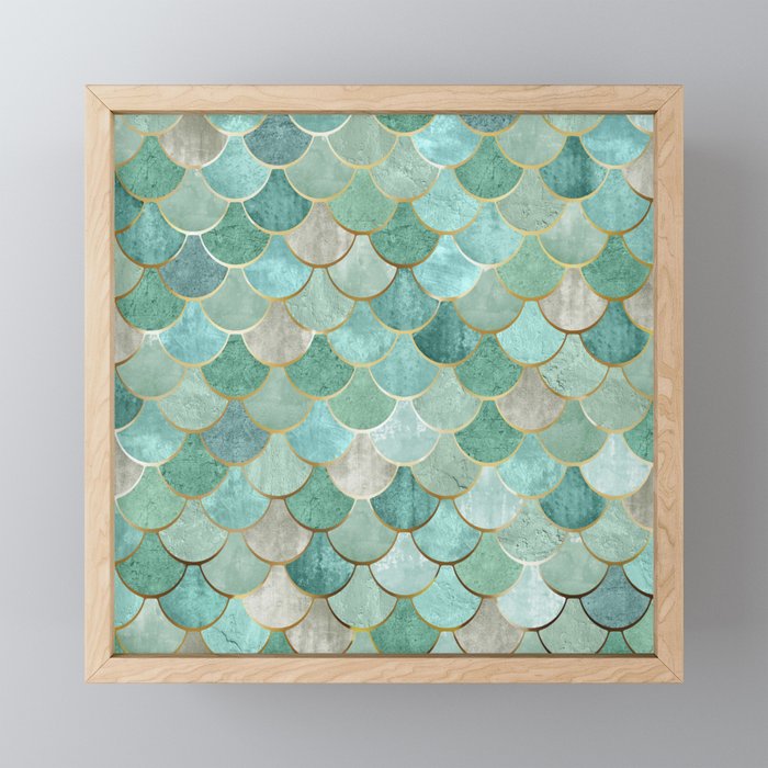 Moroccan Mermaid Fish Scale Pattern, Green and Gold Mini Art Print Gallery Image 1