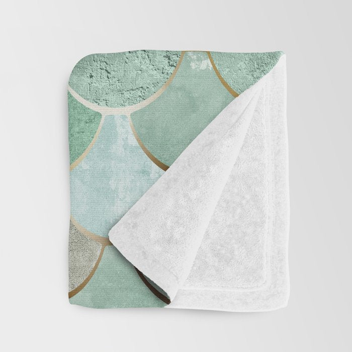 Moroccan Mermaid Fish Scale Pattern, Green and Gold Throw Blanket Gallery Image 3