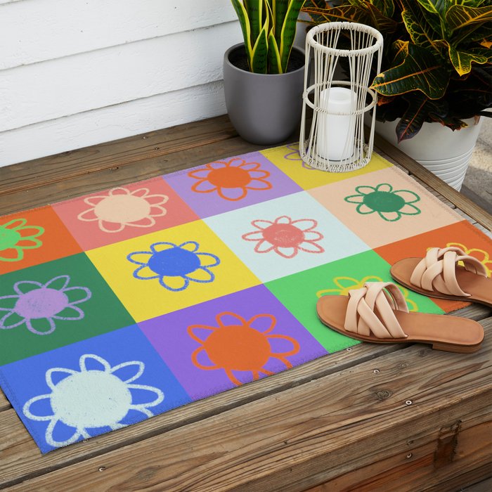 Floral checkerboard pattern Outdoor Rug Gallery Image 2
