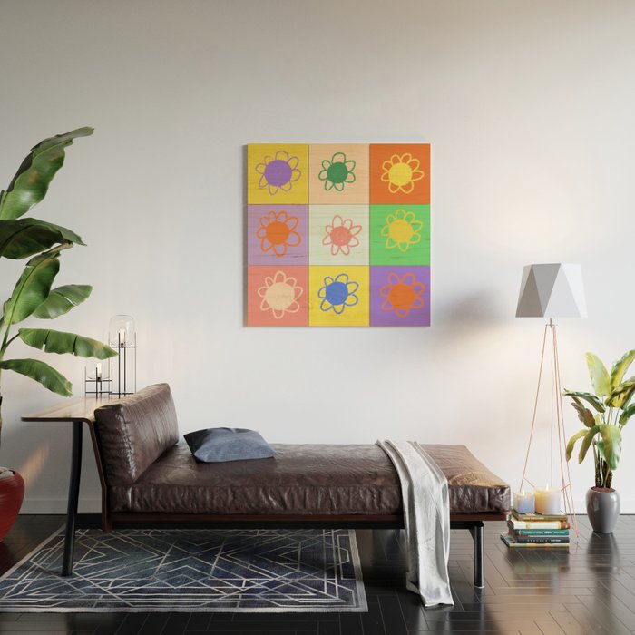 Floral checkerboard pattern Wood Wall Art Gallery Image 2