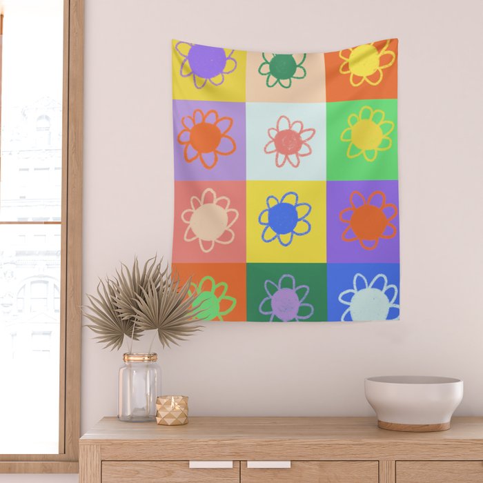 Floral checkerboard pattern Wall Tapestry Gallery Image 2