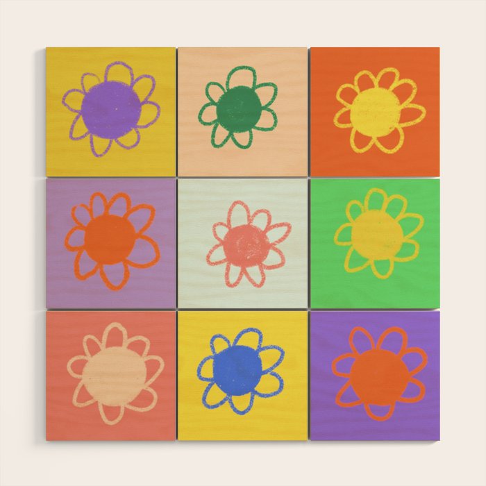 Floral checkerboard pattern Wood Wall Art Gallery Image 1