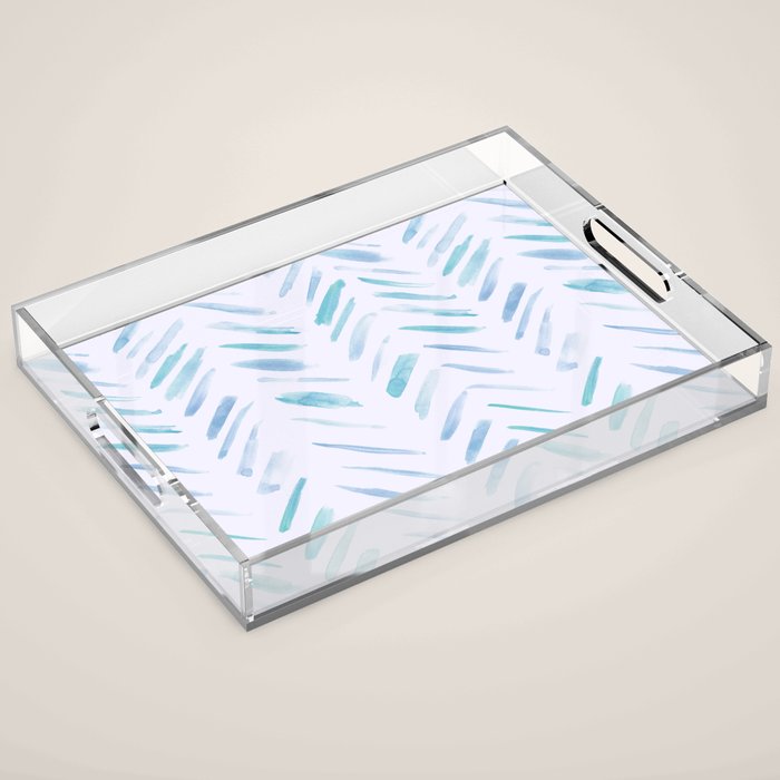 Baby blue and teal herringbone - watercolor brush strokes Acrylic Tray Gallery Image 1