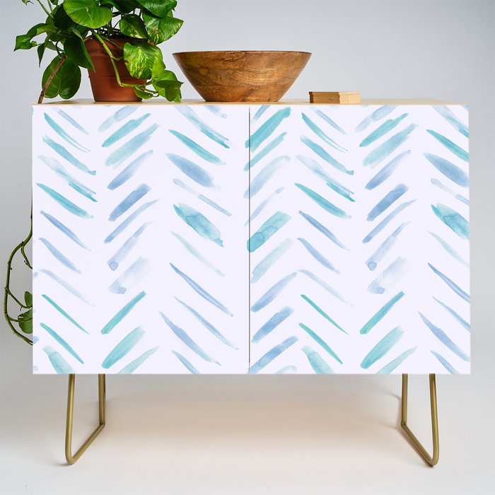 Baby blue and teal herringbone - watercolor brush strokes Credenza Gallery Image 1