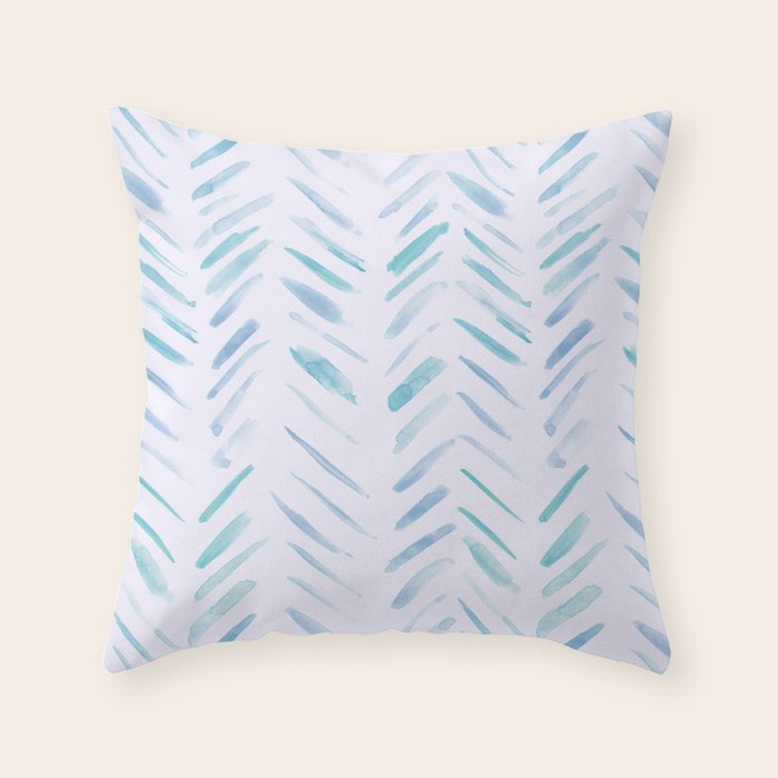 Baby blue and teal herringbone - watercolor brush strokes Throw Pillow Gallery Image 1