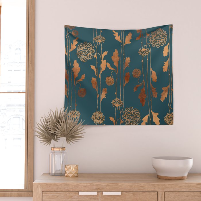 Art Deco Copper Flowers  Wall Tapestry Gallery Image 2
