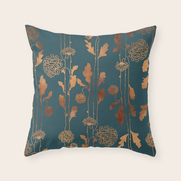 Art Deco Copper Flowers  Throw Pillow Gallery Image 1