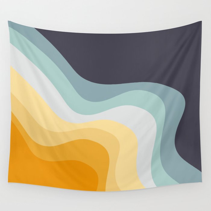 Blue and yellow retro style waves Wall Tapestry Gallery Image 4