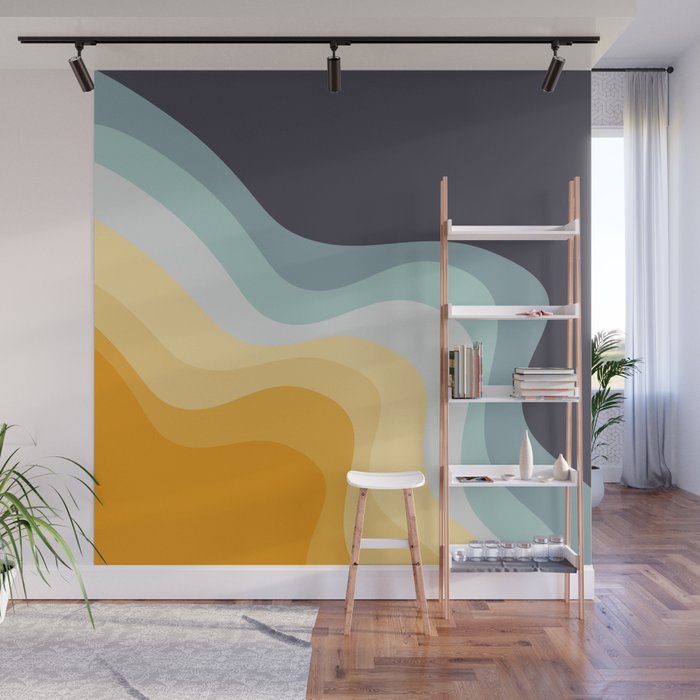 Blue and yellow retro style waves Wall Mural Gallery Image 1