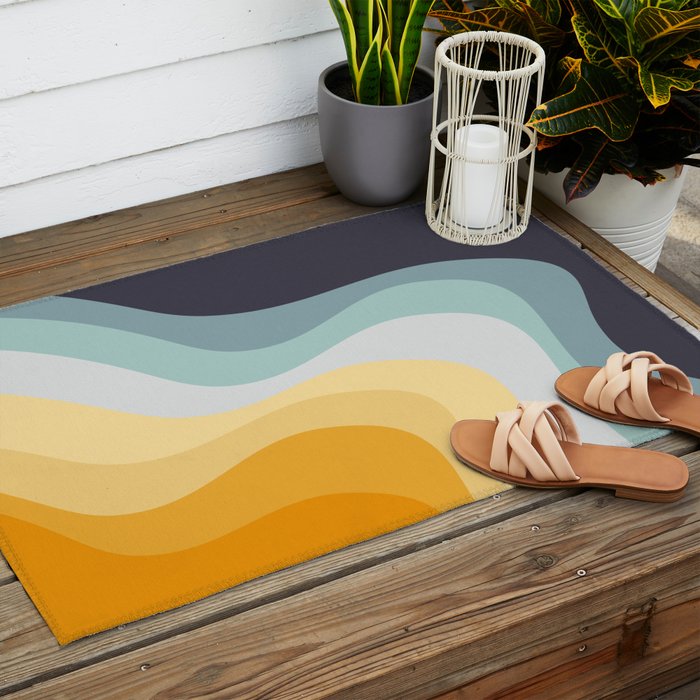 Blue and yellow retro style waves Outdoor Rug Gallery Image 2