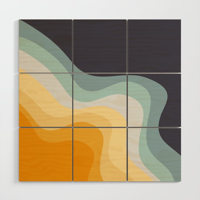 Blue and yellow retro style waves Wood Wall Art Gallery Image 1