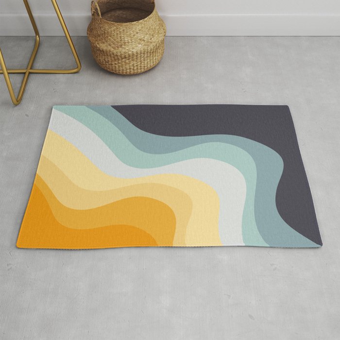 Blue and yellow retro style waves Rug Gallery Image 1