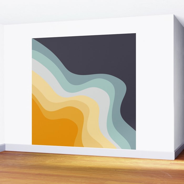 Blue and yellow retro style waves Wall Mural Gallery Image 2