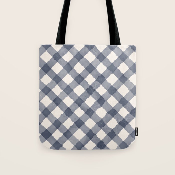 Hand Painted Blue Festive Gingham Theme Tote Bag Gallery Image 1