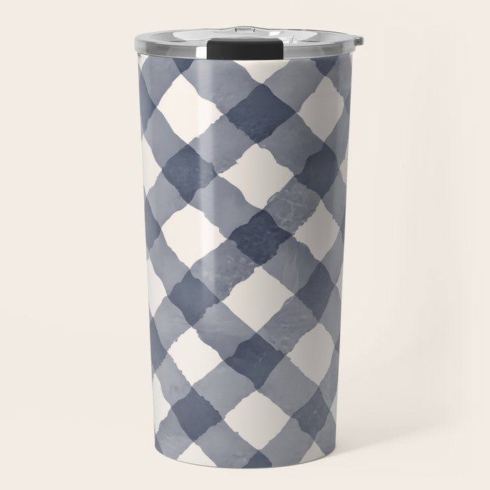 Hand Painted Blue Festive Gingham Theme Travel Mug Gallery Image 1