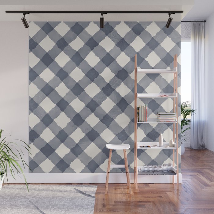 Hand Painted Blue Festive Gingham Theme Wall Mural Gallery Image 1