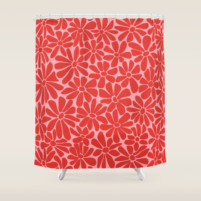 Pink and Red - Retro Floral Art Print Shower Curtain Gallery Image 1