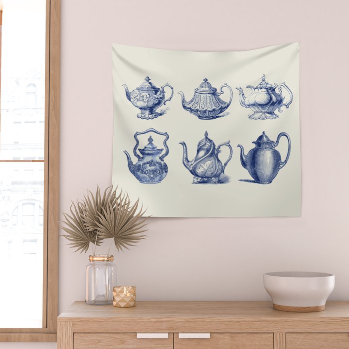 Blue Tea Pots Wall Tapestry Gallery Image 2