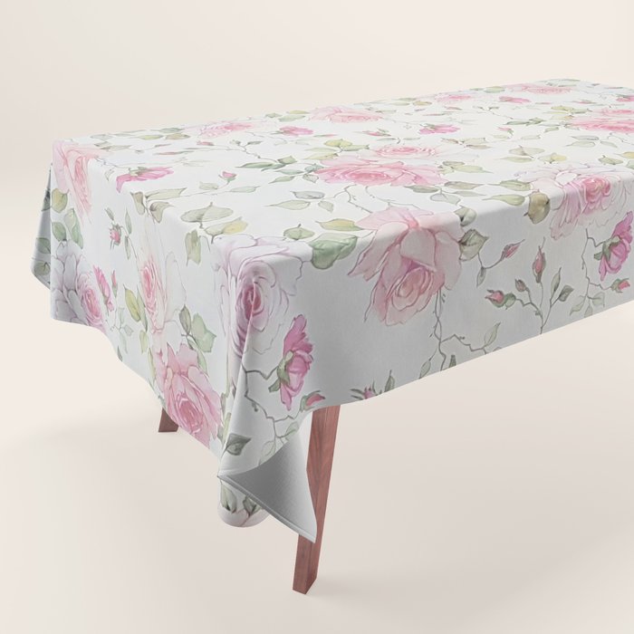 Elegant blush pink white vintage rose floral Tablecloth Gallery Image 1
