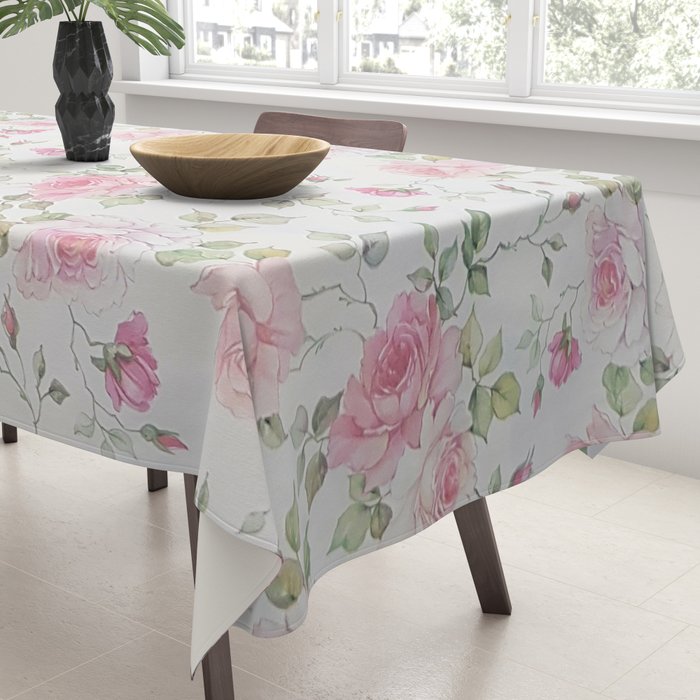 Elegant blush pink white vintage rose floral Tablecloth Gallery Image 3