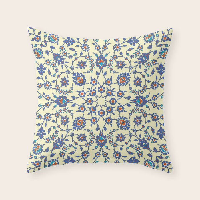 Ottoman Arabesque Floral Pattern Lemon Blue Turquoise & Red Throw Pillow Gallery Image 1