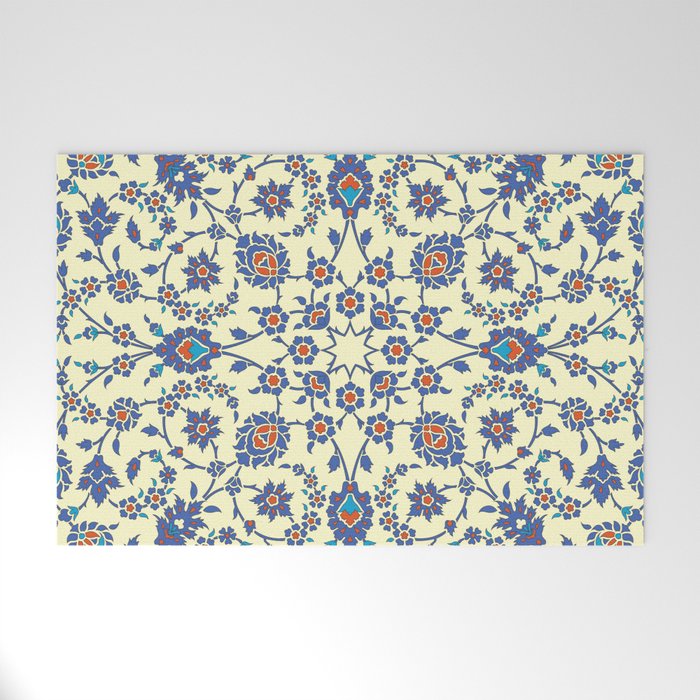 Ottoman Arabesque Floral Pattern Lemon Blue Turquoise & Red Welcome Mat Gallery Image 1