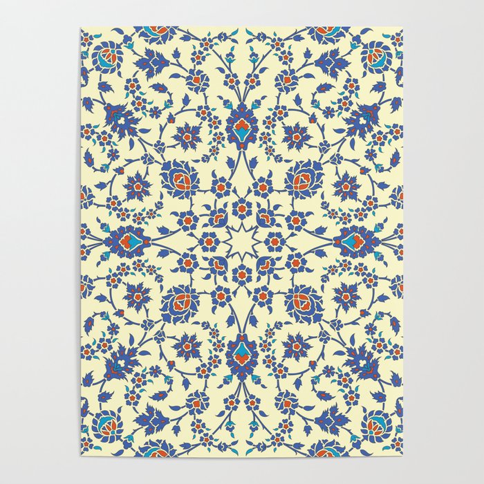 Ottoman Arabesque Floral Pattern Lemon Blue Turquoise & Red Poster Gallery Image 4