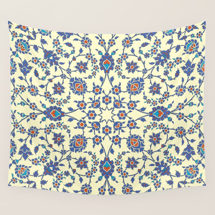 Ottoman Arabesque Floral Pattern Lemon Blue Turquoise & Red Wall Tapestry Gallery Image 4