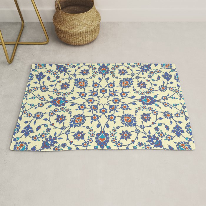 Ottoman Arabesque Floral Pattern Lemon Blue Turquoise & Red Rug Gallery Image 1