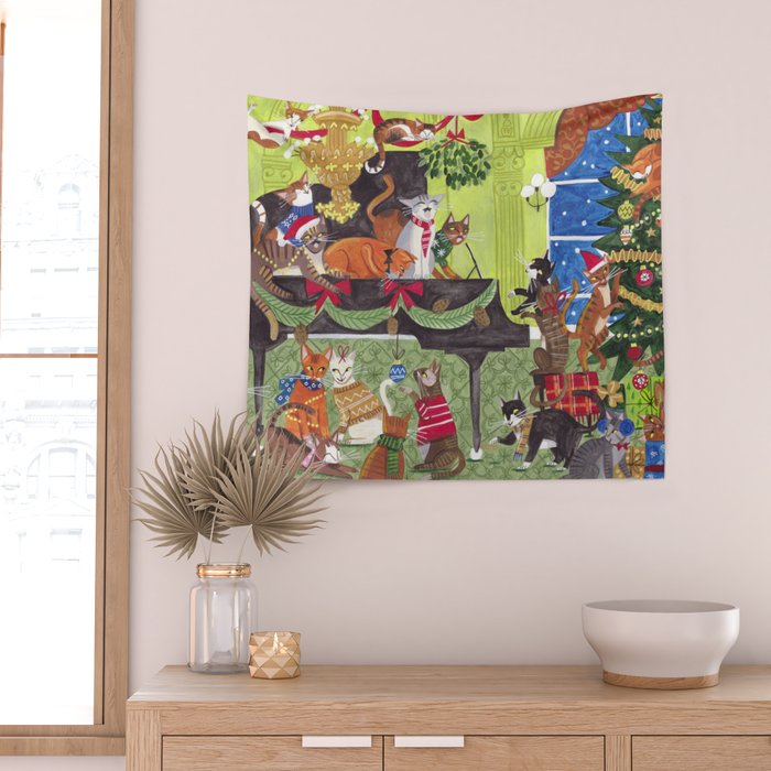 Christmas Cats playing Piano Wall Tapestry Gallery Image 2
